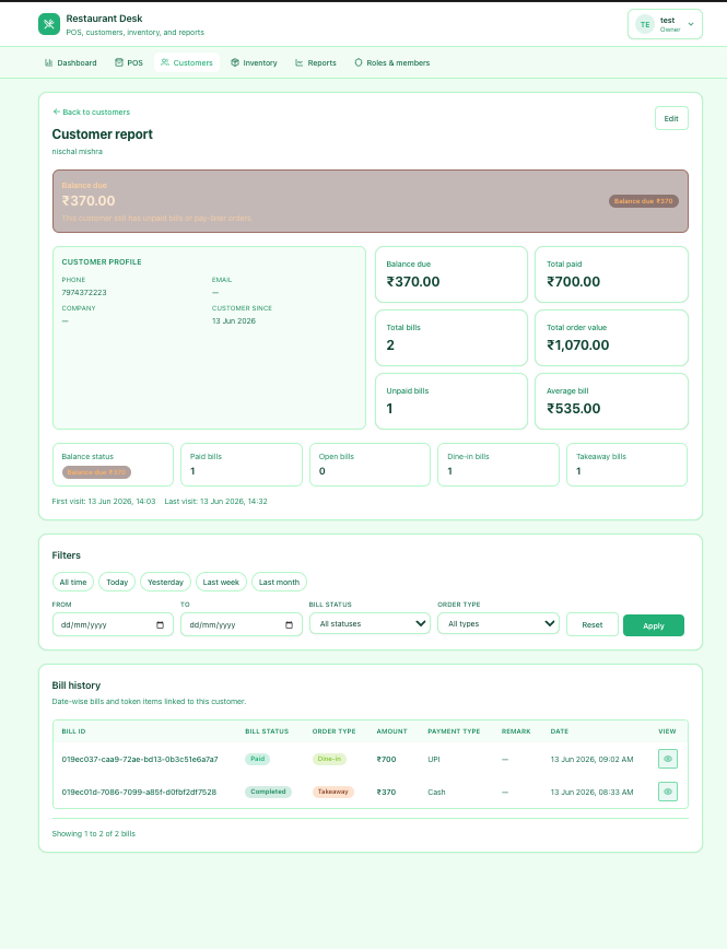 Customer balance, bill history, and payment tracking