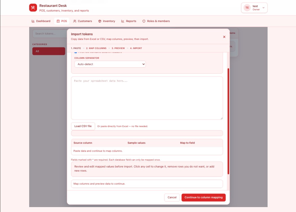Bulk import menu tokens from spreadsheets or CSV