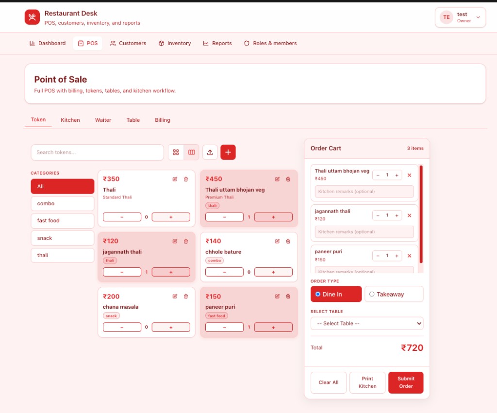 Full POS with token cart, tables, and kitchen workflow